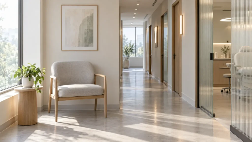 Quiet hair clinic corridor with an empty waiting chair in morning light
