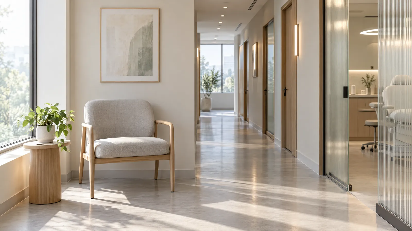 Quiet hair clinic corridor with an empty waiting chair in morning light