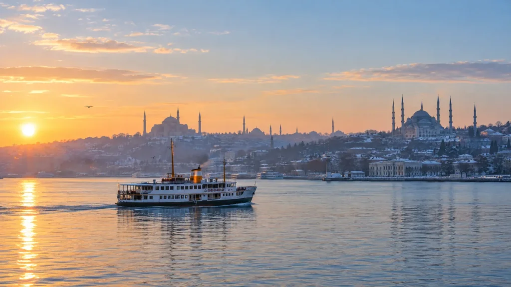 The Bosphorus in Istanbul on a winter morning with a ferry and mosque silhouettes