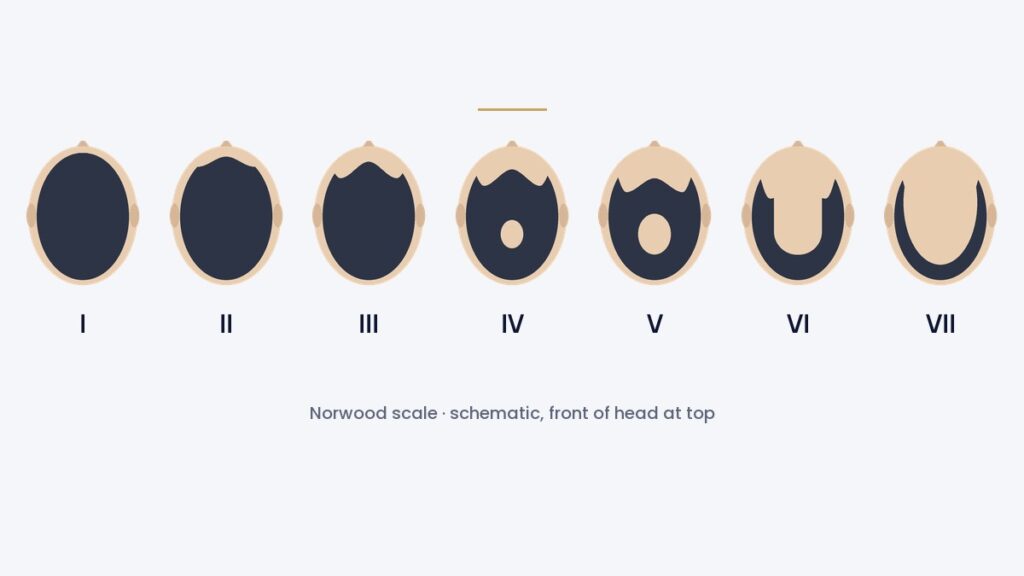 Norwood scale chart showing the seven stages of male pattern hair loss