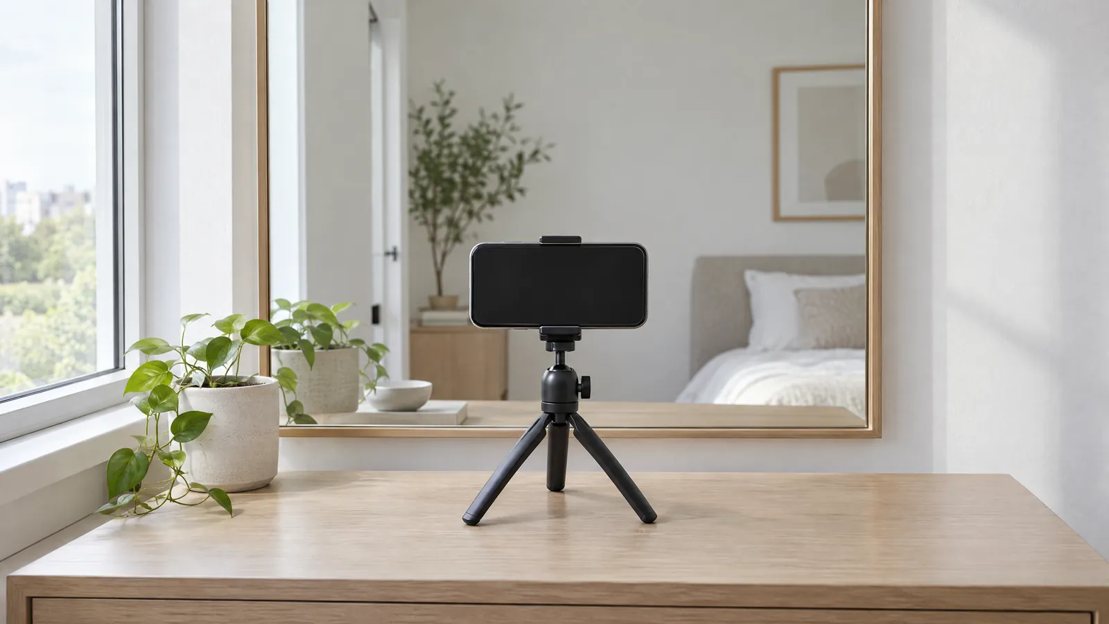 Smartphone on a small tripod facing a mirror in a bright room